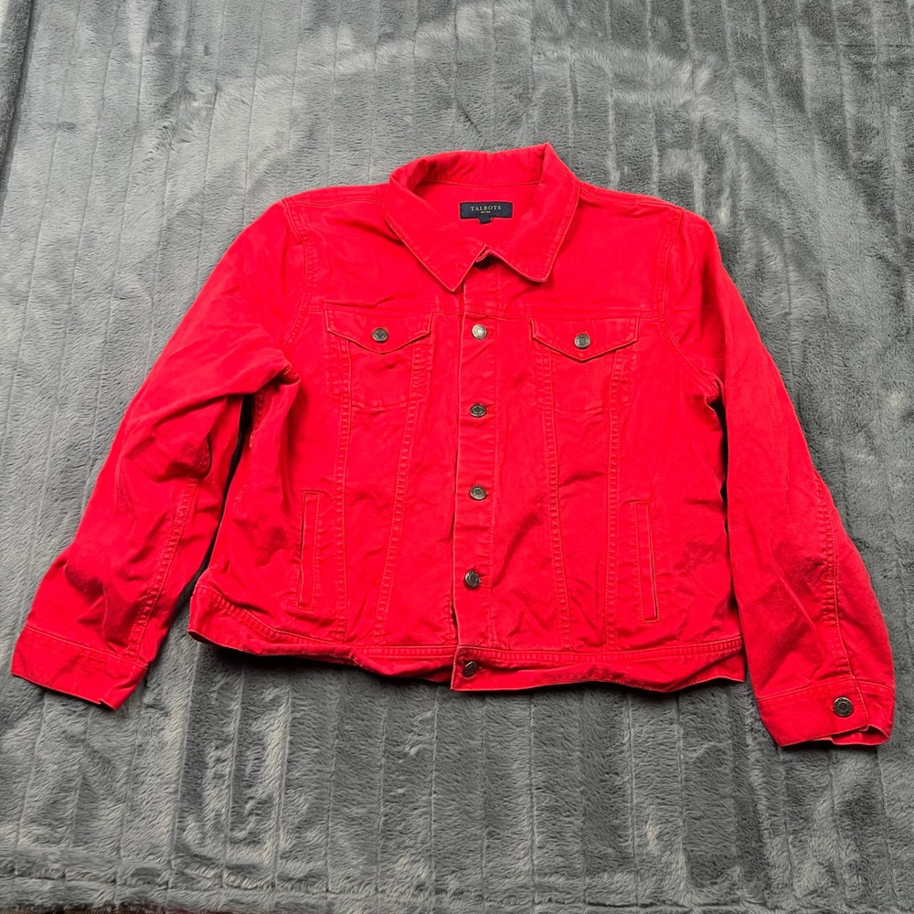 Talbots Petites Red Denim Trucker Jacket Womens XLp Cotton Blend Button Front